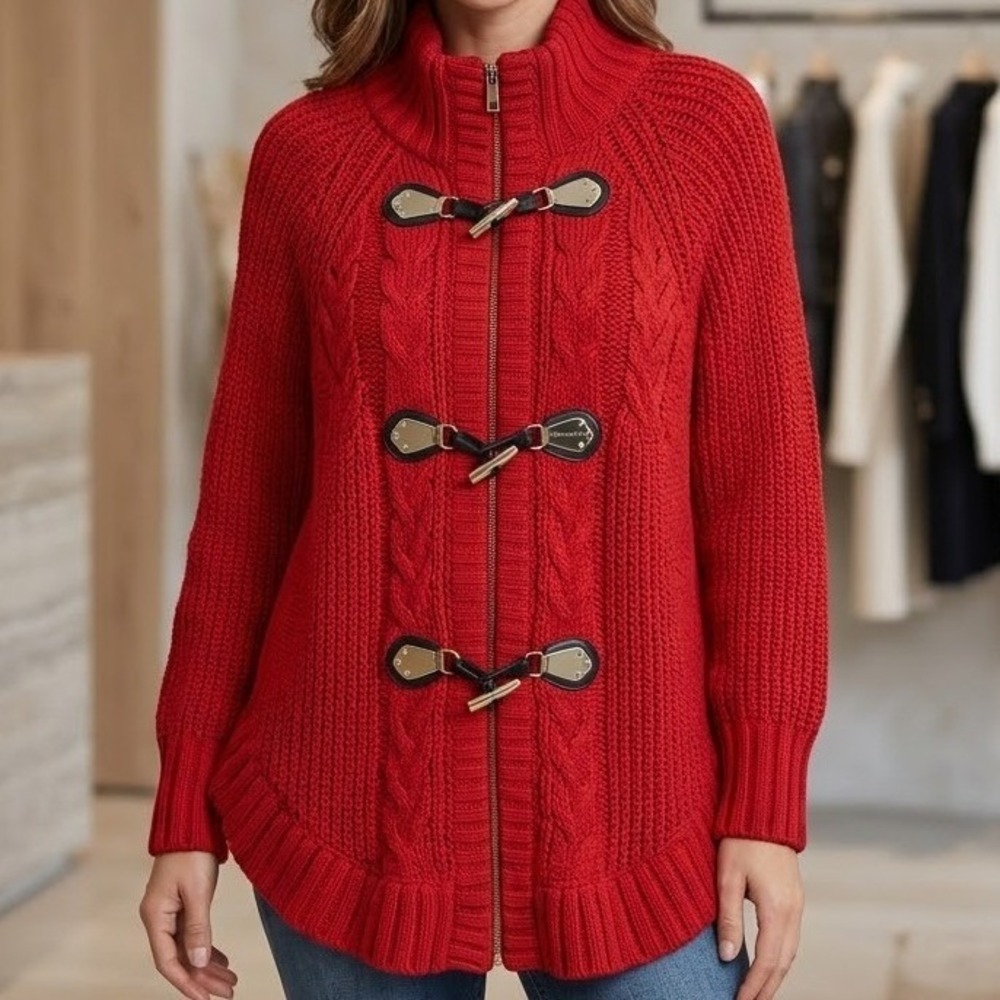 Michael Kors Red Oversized Chunky Knit Toggle Zip Ruffle Cardigan Sweater M